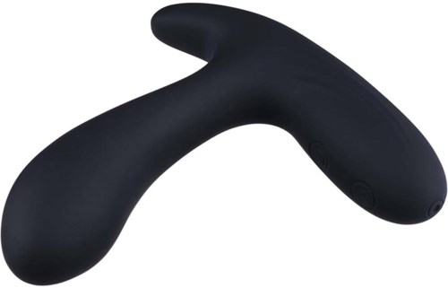 Ein schwarzes, gebogenes, ergonomisches Gerät mit Knöpfen, vermutlich ein Massagegerät oder Erwachsenenprodukt.