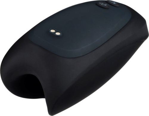 Eine schwarze kabellose Computermaus mit Tasten und Sensor oben, für die Handhaltung.