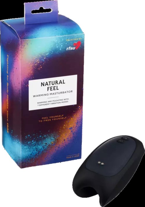 Eine Box mit der Beschriftung 'Natural Feel Warming Masturbator' und ein schwarzes Gerät, wahrscheinlich eine Wärme-Massage.