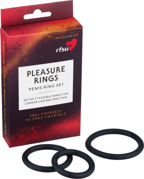Eine Schachtel mit drei schwarzen Ringen und Text über Freude Ringe und längere Erektionsdauer.