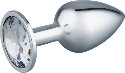 A metal butt plug with a clear gem-like tip and a smooth, shiny surface.