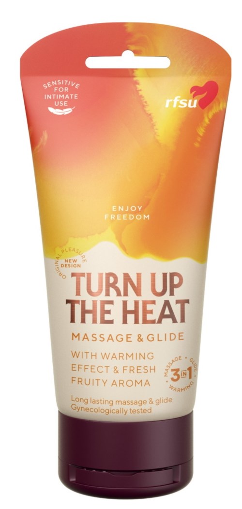 Eine Tube Massagegel mit warmer Duftnote, von RFSU, gekennzeichnet 'Turn Up the Heat.'