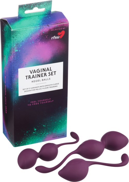 Verpackung für Vaginal-Trainingsbälle mit drei lila Gegenständen außerhalb der Verpackung.
