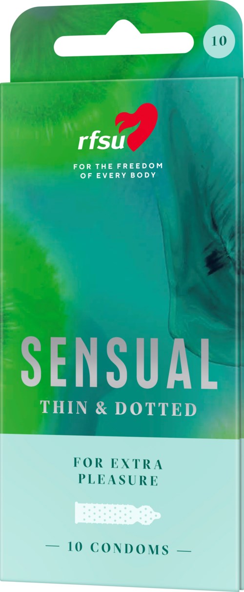 Grönt och blått förpackning för Sensual tunn och prickig kondomer från FSU, utformad för extra nöje, innehåller 10 kondomer.
