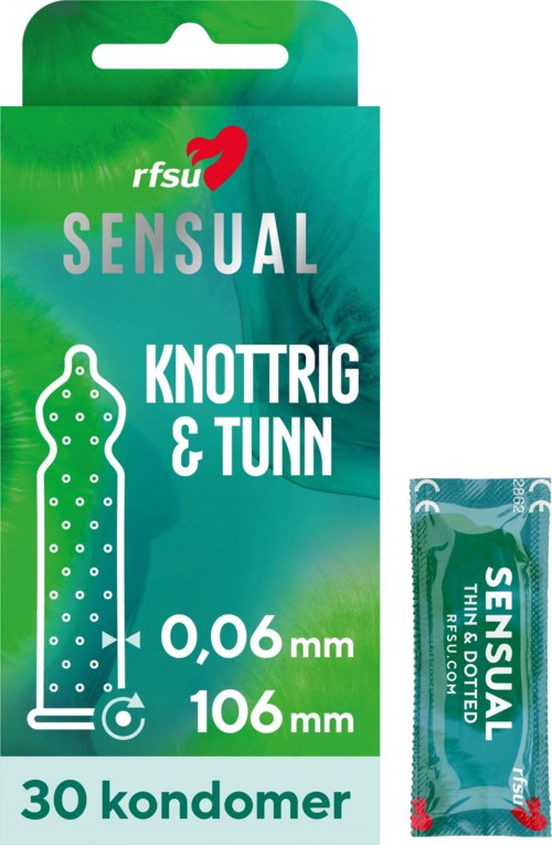 Pakkaus herkännyille kondomeille, teksturoitu, pistelevä pinta ja mitat 0,06 mm paksuus ja 106 mm pituus.