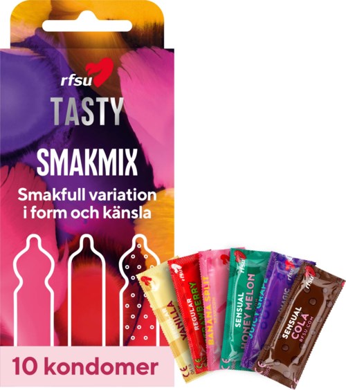 Monistavalmistetuja ehkäisyvälineitä eri makuisissa pakkauksissa, nimetty eri hedelmien mukaan.