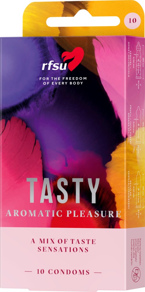 Bunte Verpackung für aromatisierte Kondome mit den Worten 'Tasty' und 'Aromatic Pleasure' auf der Vorderseite.