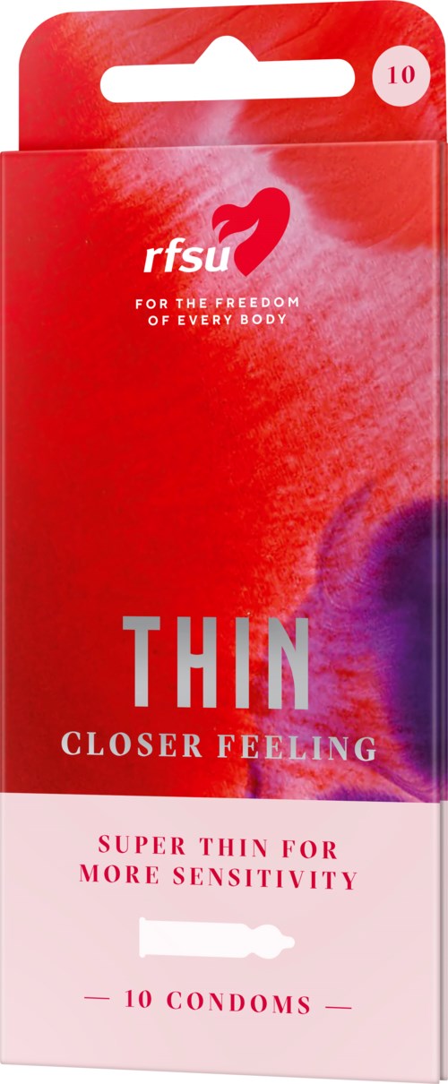 Rote Verpackung eines Kondompacks mit Markenname, Größe 10, gekennzeichnet 'Thin Closer Feeling' für Empfindlichkeit.
