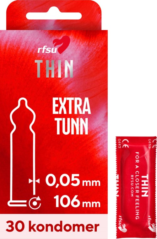 punainen kondomipakkaus, merkki ja koko tiedot, extrahieno malli, sisältää yhden kondomin ja pakkauksen tiedot.