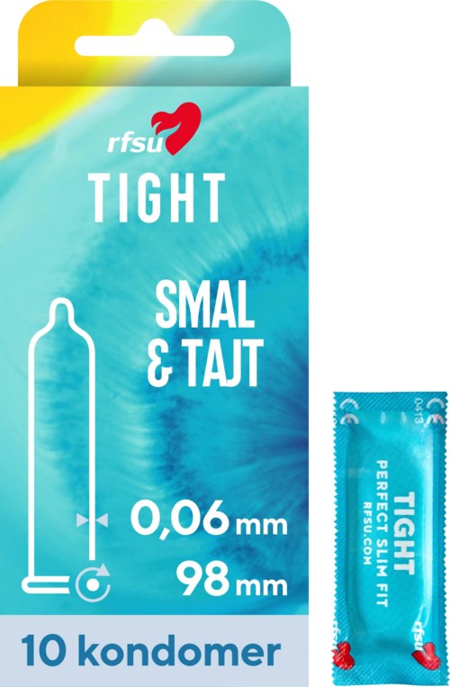 Pieni kondomi sinisellä pakkauksella ja tekstillä, joka kertoo 0,06 mm paksuudesta ja 98 mm pituudesta.