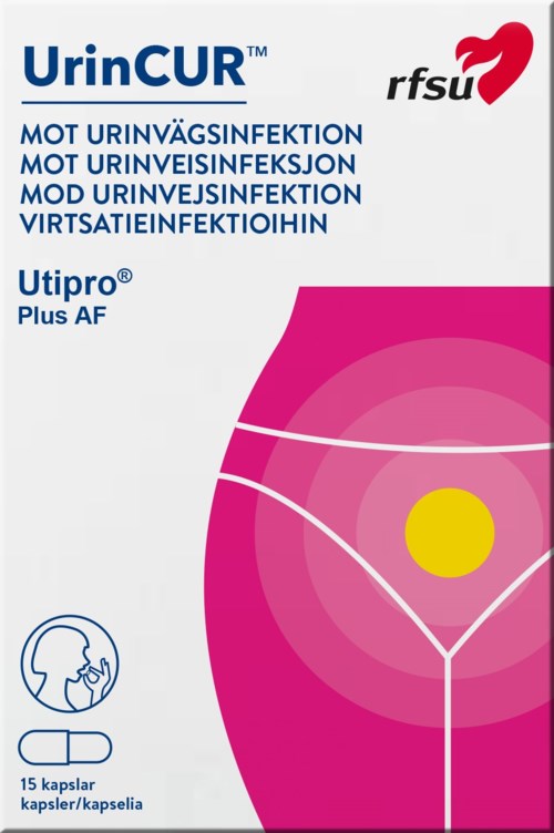 Das Bild zeigt die Verpackung eines Medikaments namens UrinCUR gegen Harnwegsinfektion, mit blauer, rosa, gelber und blauer Schrift und Grafik.