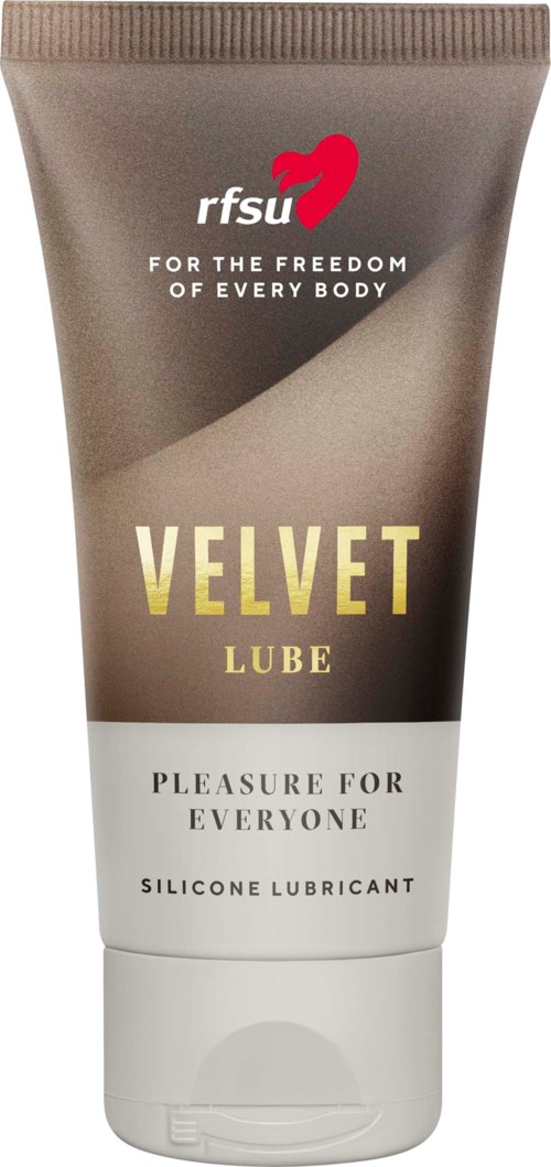 A beige and white tube labeled Velvet Lube, a silicone lubricant for pleasure, by rfsu, with a red logo at the top.