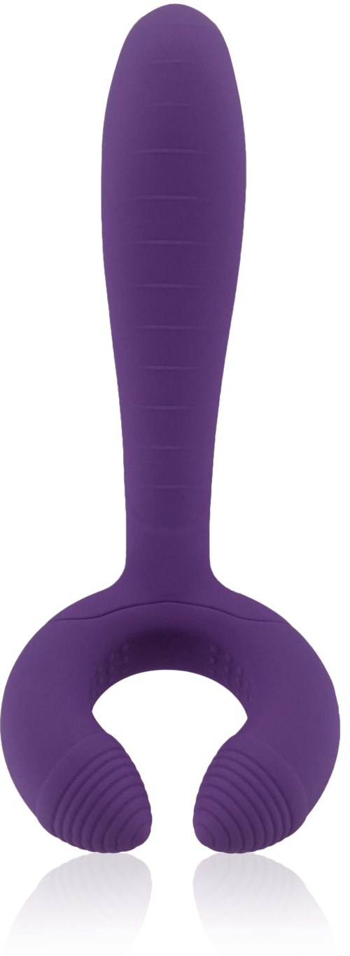 Ein lila vibratorischer Massagegerät mit langem Griff und U-förmigem Kopf.