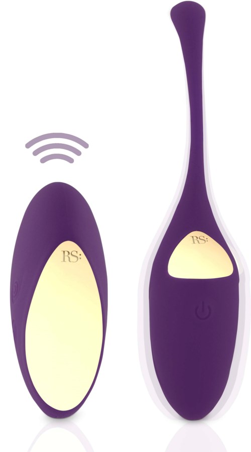 Eine lila Fernbedienung mit Antenne und ein größeres lila Gerät mit Power-Taste und LED-Licht.