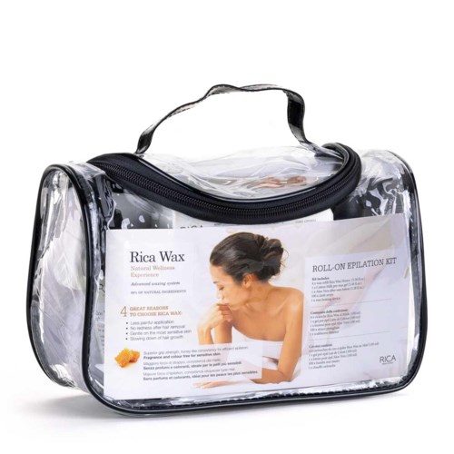 A transparent bag with a handle, black zipper, and a label showing a woman and text about wax and epilation.