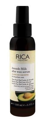 Kleine Sprayflasche mit RICA Avocado Milk, zeigt eine Avocado, enthält Hautserum, spendet Feuchtigkeit und erhellt.
