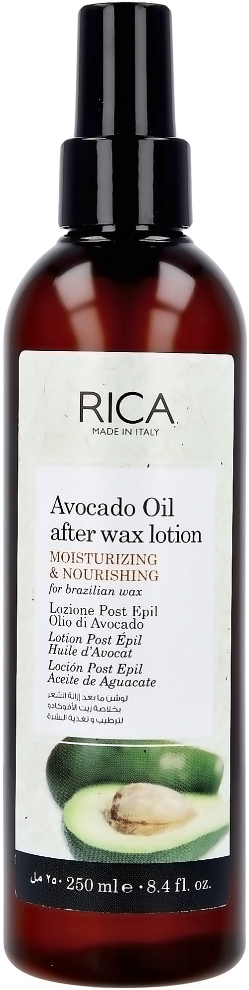 Braune Sprühflasche mit Aufschrift 'RICA Avocado Oil after wax lotion' für Hautpflege, mit Avocado-Bild.