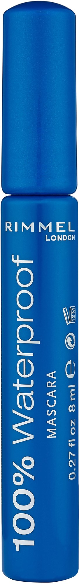 Blue mascara tube labeled Rimmel Waterproof with a blue cap.