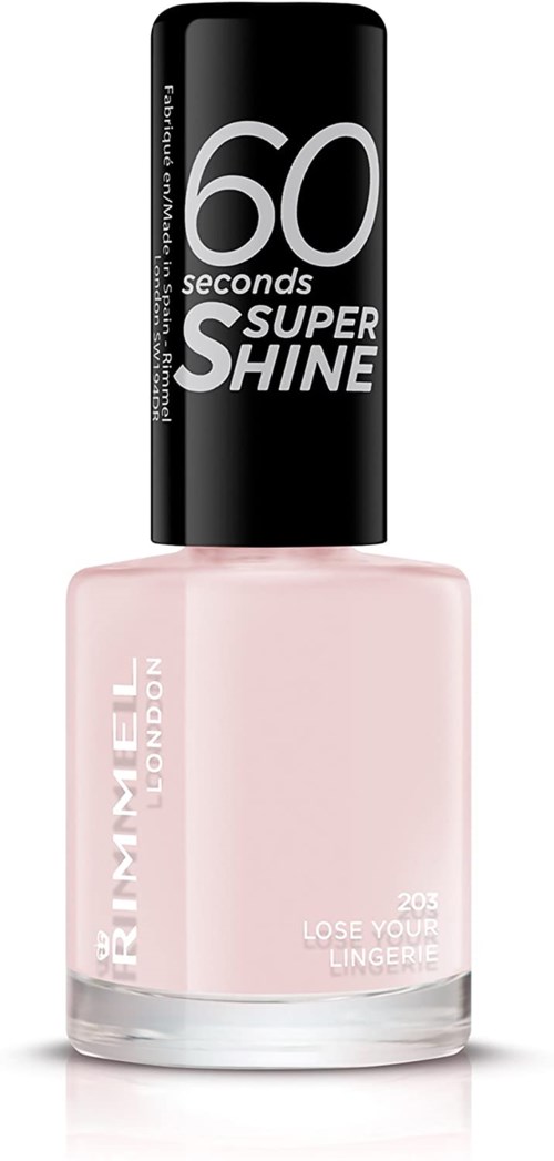 A light pink nail polish bottle with a black cap that says '60 seconds super shine' and 'Brunette London'.