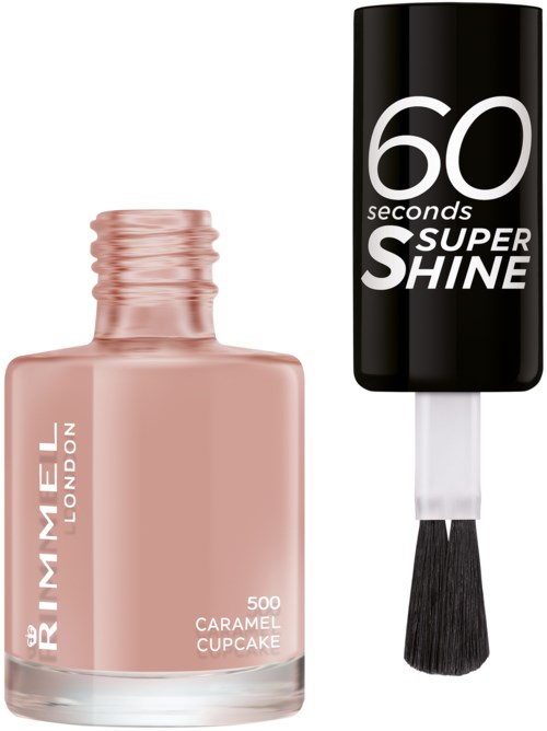 A bottle of pink nail polish labeled 'Caramel Cupcake' next to a black nail polish bottle with '60 seconds Super Shine' text.