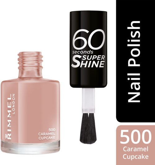 A nail polish bottle and a brush with a black cap that says "60 seconds super shine" on black background.