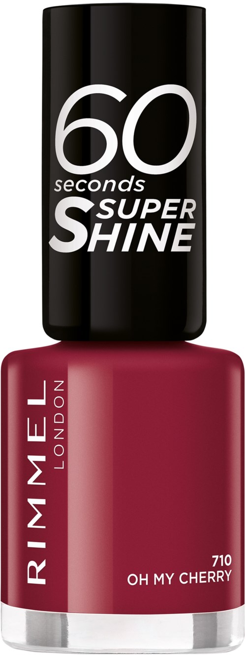 A bottle of Rimmel London nail polish in cherry red with a black cap, labeled 'Oh My Cherry'.