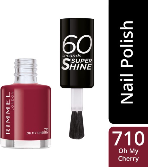 A red nail polish bottle labeled 'Oh My Cherry' next to a black top coat labeled '60 seconds SUPER SHINE'.