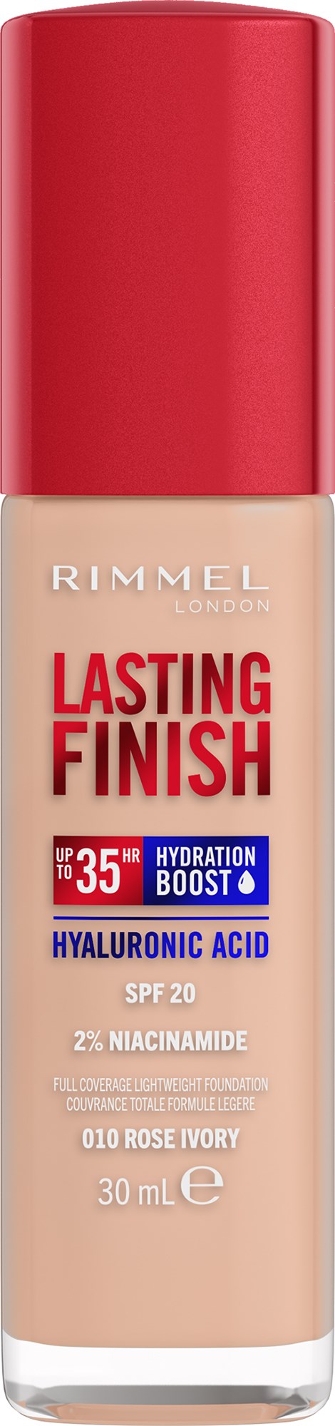 A bottle of Rimmel Lasting Finish foundation with SPF 20, hydrating boost, and hyaluronic acid, in light pink shade.