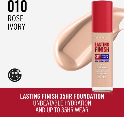 Liquid foundation in a peach bottle with a red cap, showing swatch of beige makeup. It offers 35 hours of wear.