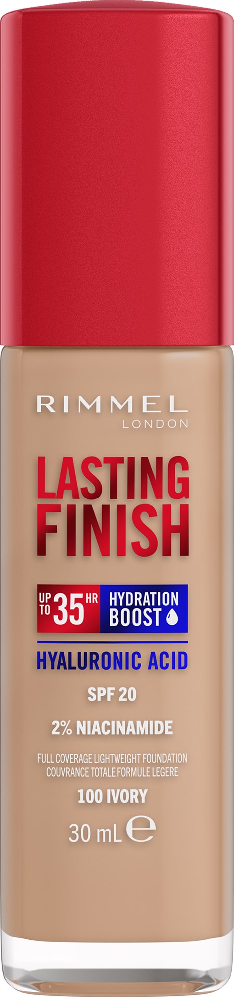 Foundation bottle labeled 'Lasting Finish' with 'Hydration Boost' and 'Hyaluronic Acid'. Red cap, beige liquid inside.
