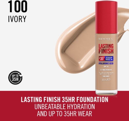 Foundation bottle with red cap, beige product swatch, and text about long-lasting, hydrating, and up to 35 hours wear.
