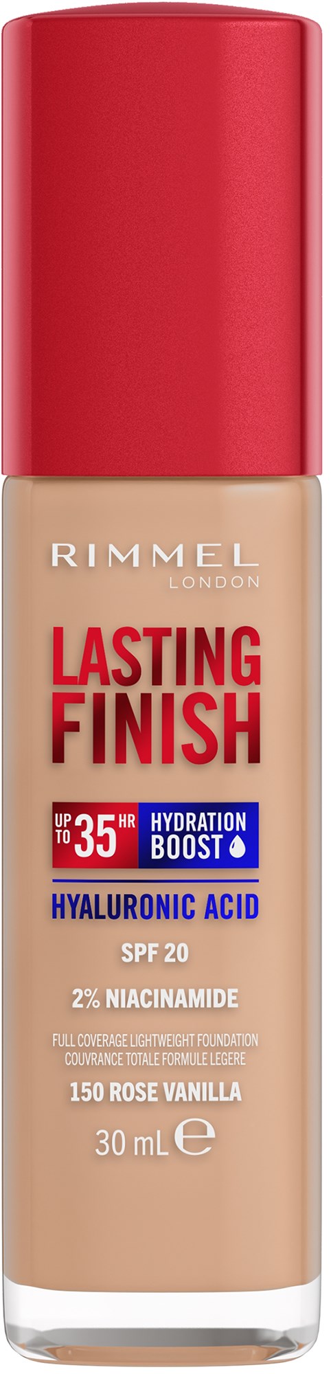 A bottle of Rimmel foundation with red cap, labeled as Long Lasting Finish with hyaluronic acid and SPF 20.