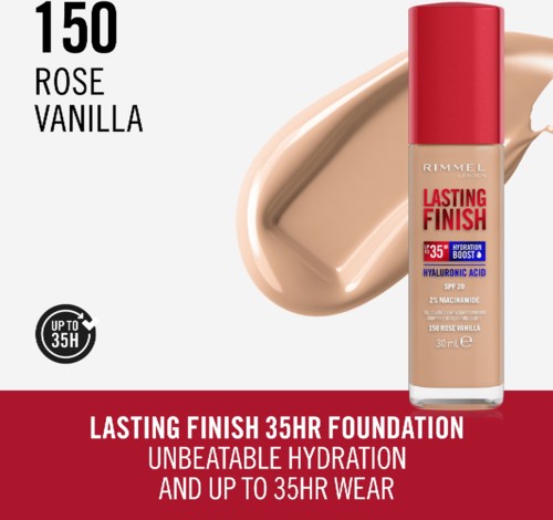 Foundation bottle labeled 'Lasting Finish 35HR', shade '150 Rose Vanilla', with swatch and red cap, and text on hydration and wear.