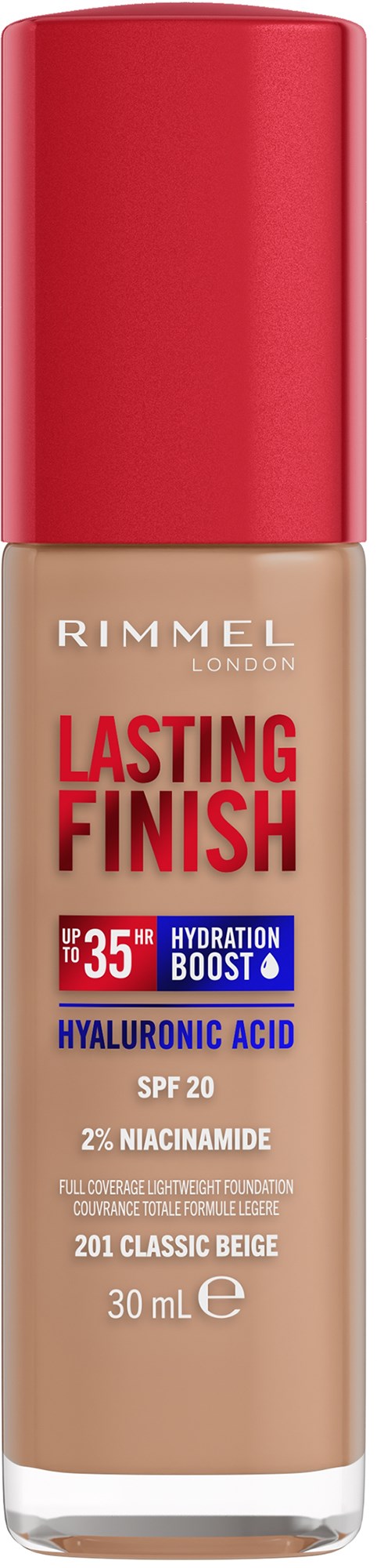 A bottle of Rimmel Lasting Finish liquid foundation with SPF 20 in classic beige color.