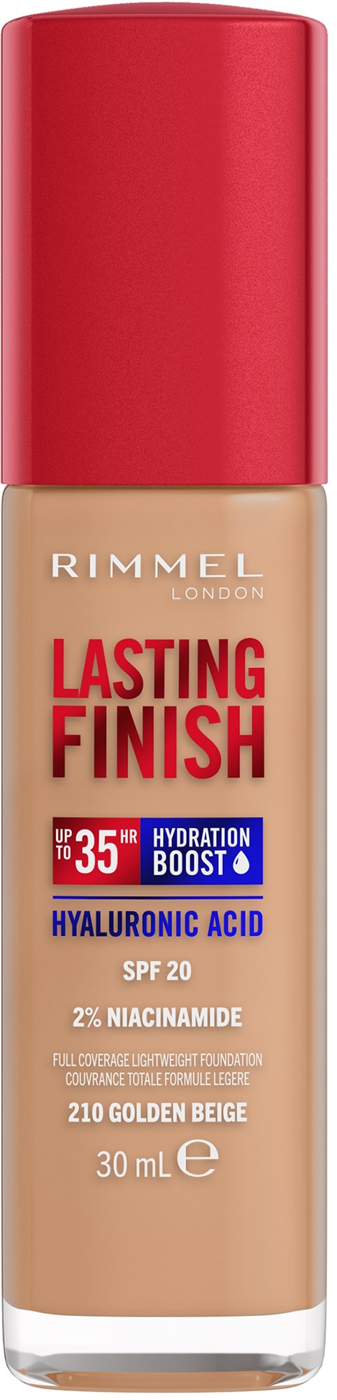 A beige foundation bottle with a red cap, labeled Rimmel London, Lasting Finish, with SPF 20 and hyaluronic acid.