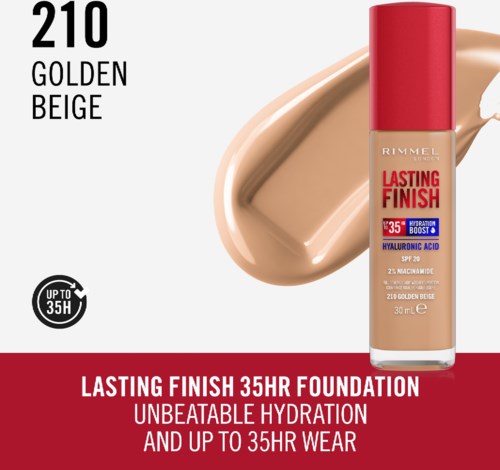 Liquid foundation bottle with beige color poured behind, red cap, and text about long-lasting makeup.