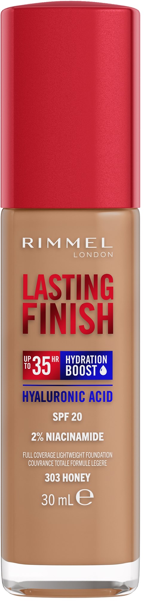 A bottle of Rimmel London Lasting Finish foundation with SPF 20, hydration boost, hyaluronic acid, in a beige shade.