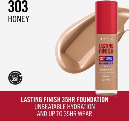 A foundation bottle labeled 'Lasting Finish 35HR', with a beige shade, a red cap, and text about hydration and SPF.