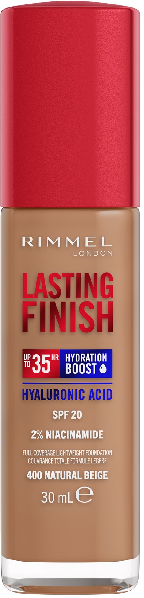 A bottle of Rimmel Lasting Finish foundation with SPF 20 and hyaluronic acid, in natural beige color.