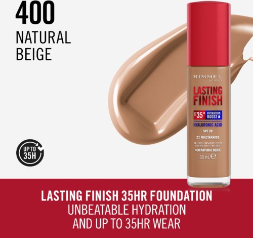A foundation bottle labeled 'Lasting Finish' with beige color, red cap, and sun protection, showing it lasts up to 35 hours.