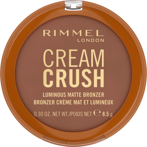 Lähikuva Rimmel London Cream Crush kiiltävä mattainen pronssiväri pakkauksessa, jossa vaaleanruskea kansi.