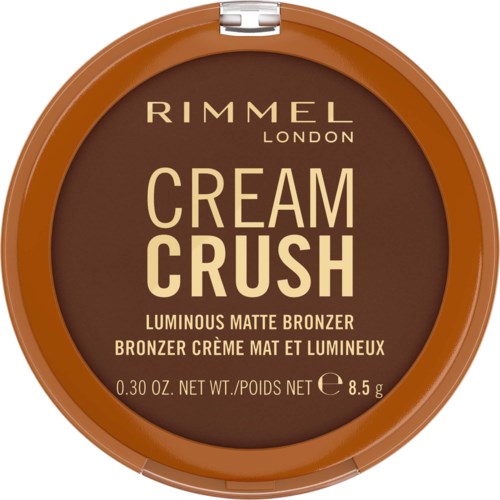 Pyöreä meikkipakkaus, ruskea kansi, kultainen teksti Rimmel London Cream Crush Luminous Matte Bronzer, 8,5 gramma.