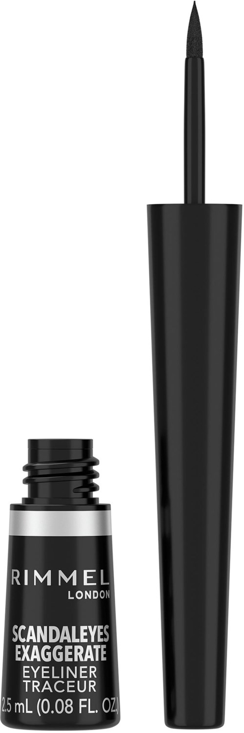 Een zwarte eyeliner met dop en een dunne, scherpe punt voor make-up. Het label zegt Rimmel London.