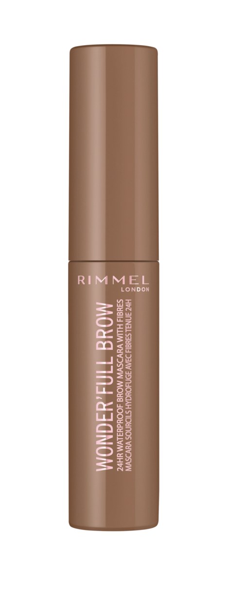 A makeup product in a beige tube with a matching cap, labeled "Wonder Full Brow" from Rimmel London.