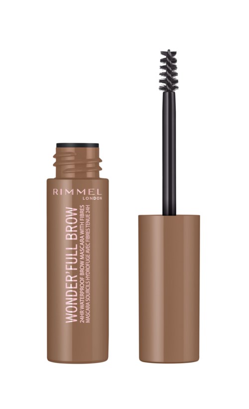 A beige tube with a brush, labeled "Wonderfull Brow" by Rimmel London for eyebrow makeup.