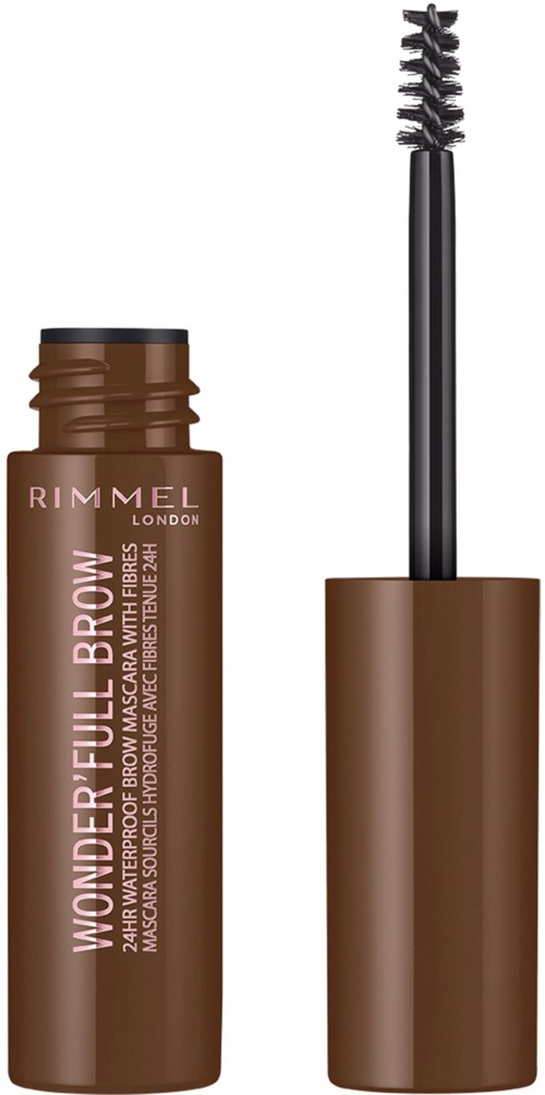 Brun mascara tube med børste inni, merket "Wonderfull Brow."