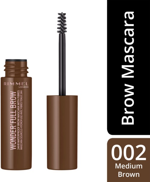 En brun tube merket 'Wonder' inneholder mascara med børste og lokk. På boksen står det at den er for øyenbryn, i medium brun.