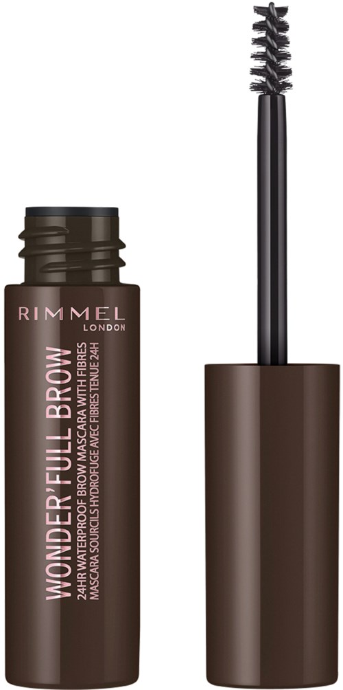 En brun tube med Rimmel Wonder'full Brow mascara med en svart børstehåndtak og vott.