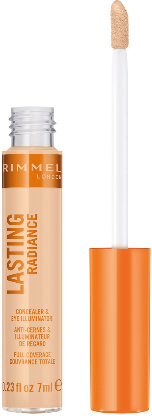A cylindrical lip gloss tube with an orange cap and a clear section showing beige gloss inside.