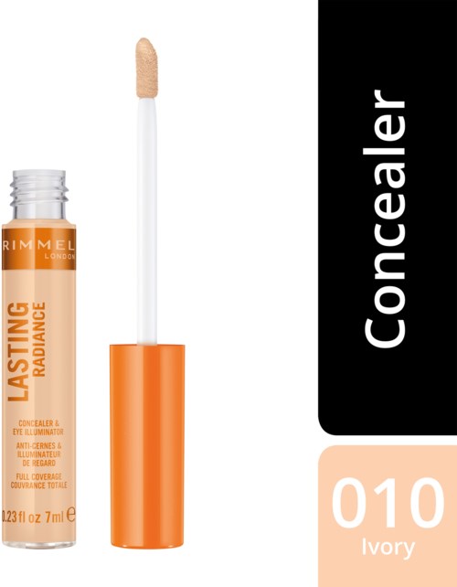 A tube of Rimmel concealer with an applicator brush, labeled as shade 010 Ivory.